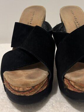 Very Volatile Black Open Toe Suede Wedge with Striped Cork Heel - 8
